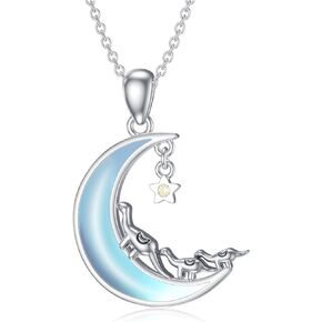 Dinosaur/Axolotl/Cat/Cactus/Sunflower/Strawberry/Filigree/Otter/Phoenix Women's Sterling Silver Necklace, Moss Agate/Moonstone Pendant Jewelry for Women, Silver Jewelry Gift for Christmas, for Her