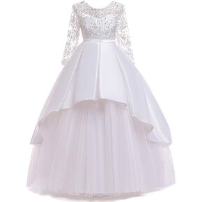 HIHCBF Flower Girl's Embroidery Tulle Lace Maxi Wedding Dress Long Sleeve Princess Birthday Pageant Party Dance Evening Gown