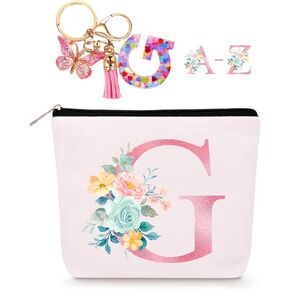 Personalized Makeup Bag with Initial Keychain, Custom Travel Initial Makeup Bag, Birthday Gifts for Women Girl Bridesmaid Teens Teacher, Monogram Small Cosmetic Bag Toiletry Bag, Mothers Day Gifts (A)