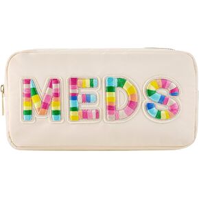 uekeboag Personalized Chenille Letter Patch MEDS Bag,Cute Nylon Drug Medicine Travel Makeup Bag with Zipper, Preppy Vitamin Organizer Bag for Women and Girls (01Beige-Rainbow)