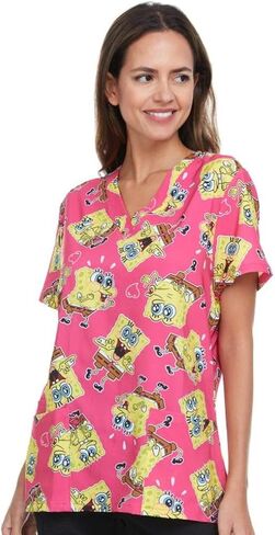 Spongebob Women's All Over Print, V-Neck Scrub Top with Pockets - Comfortable Work Uniform in Saudi Arabia