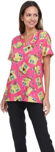 Spongebob Women's All Over Print, V-Neck Scrub Top with Pockets - Comfortable Work Uniform in Saudi Arabia