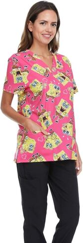 Spongebob Women's All Over Print, V-Neck Scrub Top with Pockets - Comfortable Work Uniform in Saudi Arabia