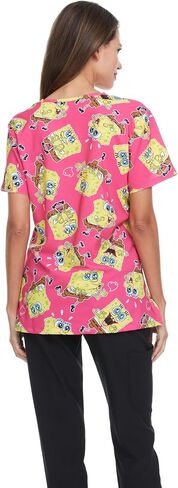 Spongebob Women's All Over Print, V-Neck Scrub Top with Pockets - Comfortable Work Uniform in Saudi Arabia