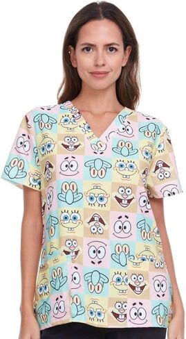 Spongebob Women's All Over Print, V-Neck Scrub Top with Pockets - Comfortable Work Uniform in Saudi Arabia