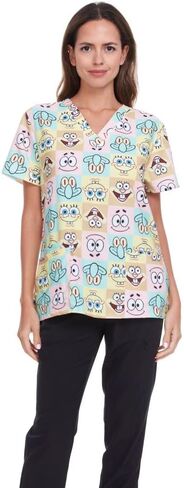 Spongebob Women's All Over Print, V-Neck Scrub Top with Pockets - Comfortable Work Uniform in Saudi Arabia