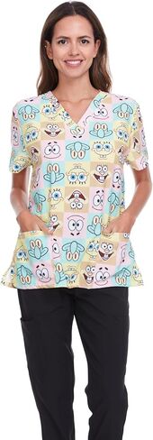 Spongebob Women's All Over Print, V-Neck Scrub Top with Pockets - Comfortable Work Uniform in Saudi Arabia