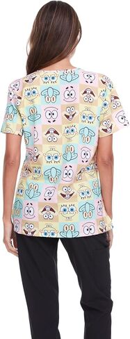 Spongebob Women's All Over Print, V-Neck Scrub Top with Pockets - Comfortable Work Uniform in Saudi Arabia