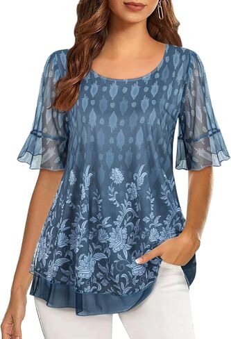 قمصان نسائية ذات أكمام مكشكشة، بلوزات زهرية أنيقة، قميص شبكي متعدد الطبقات in Kuwait