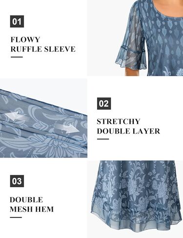 قمصان نسائية ذات أكمام مكشكشة، بلوزات زهرية أنيقة، قميص شبكي متعدد الطبقات in Kuwait