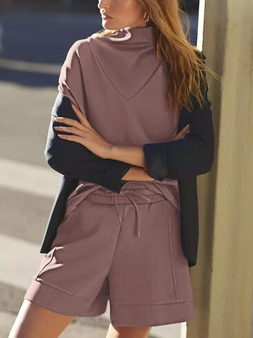 LASLULU طقم ملابس نسائية مكون من قطعتين سويت شيرت كبير الحجم وسروال قصير للتمرين 2024 طقم بيجامات مريحة غير رسمية in Kuwait