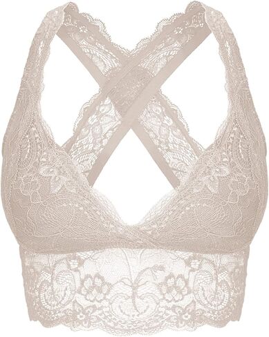 SHEKINI Women's Lace Bra Wire Free Padded Cross-Back Longline Pullover Racerback Bralette Top in Saudi Arabia