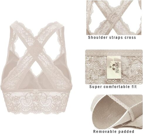 SHEKINI Women's Lace Bra Wire Free Padded Cross-Back Longline Pullover Racerback Bralette Top in Saudi Arabia