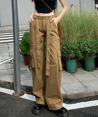 Y2K سروال البضائع جيب رفرف للنساء استرخاء صالح عالية الخصر مستقيم واسعة الساق 90s السراويل الفضفاضة الشارع الشهير مع جيوب in Kuwait