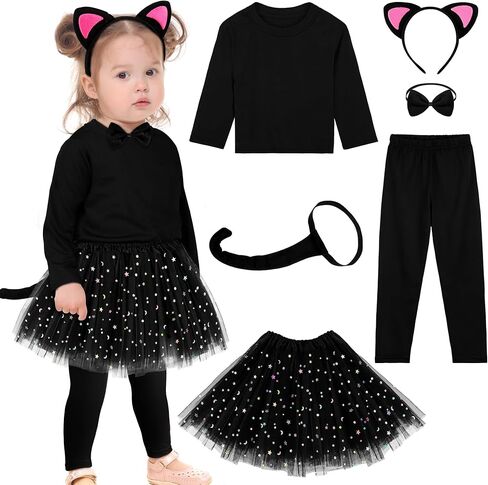 AOTHSO 6 Pieces Halloween Girls Black Cat Costume Set Long Sleeve Pants Headband Bowtie Tail Tutu Skirt Accessories for Kids in Kuwait
