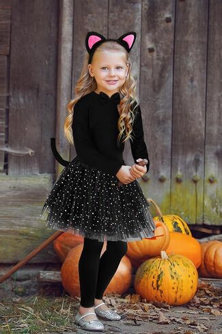 AOTHSO 6 Pieces Halloween Girls Black Cat Costume Set Long Sleeve Pants Headband Bowtie Tail Tutu Skirt Accessories for Kids in Kuwait