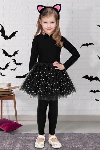 AOTHSO 6 Pieces Halloween Girls Black Cat Costume Set Long Sleeve Pants Headband Bowtie Tail Tutu Skirt Accessories for Kids in Kuwait