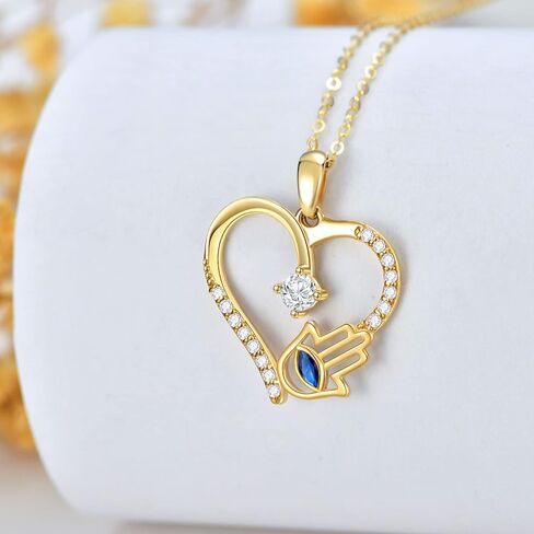 Solid Gold 14K Fatima Hamsa Hand Necklace for Women, Real Gold Heart Pendant Necklace Fine Jewelry Anniversary Birthday Gifts for Her, Wife, Mom, Girlfriend,16''+2'' in Saudi Arabia