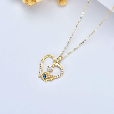 Solid Gold 14K Fatima Hamsa Hand Necklace for Women, Real Gold Heart Pendant Necklace Fine Jewelry Anniversary Birthday Gifts for Her, Wife, Mom, Girlfriend,16''+2'' in Saudi Arabia