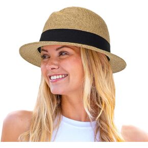 Straw Fedora-Sun-Hats for Women Men Summer Short Brim Roll Up Trilby Hat Packable Panama-Jazz Beach Hat