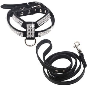 Dogs Kingdom Full Rhinestone Crystal Pet Dog Harness Leash Set Customized Rhinestone Puppy Small Dog Chihuahua Harness Leash 2Pcs Black M