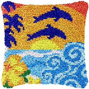Beginner Latch Hook Kits Ocean Dolphins Set Sofa Cushion Cover Latch Hook Carpet Rug Acrylic Yarn,Pillowcase Craft Kits with Printed Canvas for Beginners Kids Adults - 17 x 17 Inch