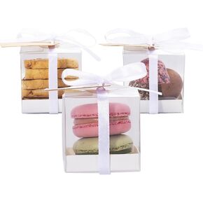 LeoKy 50 Pack Clear Party Favor Boxes 2x2x2 inches Clear Treat Boxes for Favors Candy Macaron Boxes Wedding Shower Favor Boxes Individual Macaron Packaging for 2 Candy Boxes Party Favors Party Mini