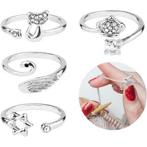 4pcs Crochet Loop Ring, 4 Styles Fashionable Crochet Tension Ring Adjustable Swan Hexagram Crown Cat Yarn Guide Finger Holder with Box for Crocheting Knitting Accessories Gift for Women