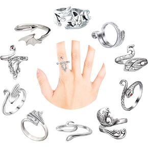 10 Pcs Adjustable Knitting Loop Crochet Ring Peacock-Shaped Snake-Shaped Open Ring Finger Crochet Ring Accessories for Crafts DIY(Silver)