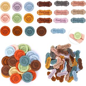 80PCS Handmade Leather Labels Colorful PU Leather Labels with Holes Hand Made Embossed Tag Embellishments Knit DIY Sewing Labels for Handmade Items Clothing Knitting Shoes Hat Craft, 20 Colors