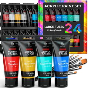 Premium Quality Acrylic Paint Set 24 Colors - 1.28oz (38ml) - with 6 Nylon Brushes - Safe for Kids & Adults - Perfect Kit for Beginners, Pros & Artists to Create Amazing Paintings and Artwork in Kuwait
