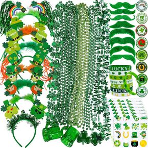 Winlyn 58 Pcs Bulk St. Patrick's Day Novelty Jewelry Assortment St. Pat's Party Favors Assorted Necklaces Head Boppers Bracelets Mustaches Tattoos Accessories for St. Patty's Day Irish Party Decor