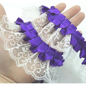 2 Yards Pink Lace Pleated Chiffon Lace Trims White Vintage Lace Ribbons for Bridal Wedding Decorations Sewing Supplies DIY Craft Handmade Costume Decoration - 1.8"Inch