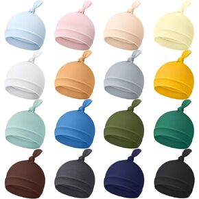 Jiuguva 16 Pcs Baby Newborn Hats Set Knot Beanie Soft Autumn Winter Infant Baby Caps 0-12 Months Spandex Cotton Hat for Girls Boys Shower Supply, 16 Colors