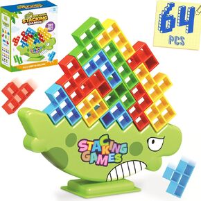 WOWNOVA Dinosaur 64PCS Stacking Tetra Tower Game for Kids Family Game Night, Balance Stacking Blocks Tower Board Game for Fun Party Games, Stacking Games for Kids, Teens & Adults