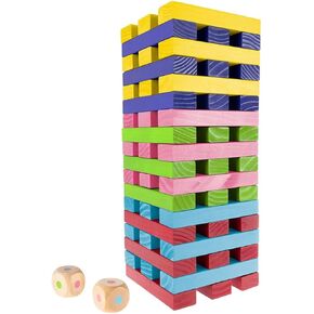 Hey! Play! Nontraditional Giant Wooden Blocks Tower Stacking Game with Dice, Outdoor Yard Game, for Adults, Kids, Boys and Girls (Rainbow Color)
