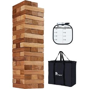 Pointyard Giant Tumble Tower [Stack up to 5FT], Retro Pine Wooden Tumble Timber Indoor Game for Teenagers & Adults - Classic Stacking Block Party Game with 1 Dice | Scoreboard | Carry Bag
