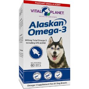 Vital Planet - Alaskan Omega-3 Fish Oil Supplement for Dogs with 600mg of Omega-3, High in DHA and EPA from Sustainably Harvested Wild Caught Cold Water Fish, 60 Vanilla Softgels