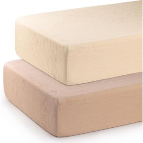 Muslin Crib Sheets 2 Pack for Girls and Boys, Cotton Fitted Crib Sheet for 28" x 52" Standard Crib Mattress and Toddler Bed, Beige & Caramel