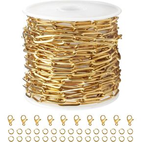 Kyutong 16.4 Feet Gold Plated Chains for Jewelry Making 4MM Paperclip Chain Link on Roll Stainless Steel Chain Bulk with Lobster Clasps and Jump Rings for Women Men Necklace Making Supplies