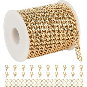 YOUBEIYEE 33 Feet Gold Cuban Link Chain for Men and Women Necklace DIY Gold Plated Aluminum Jewelry Chains Bulk with Jump Rings and Lobster Clasps