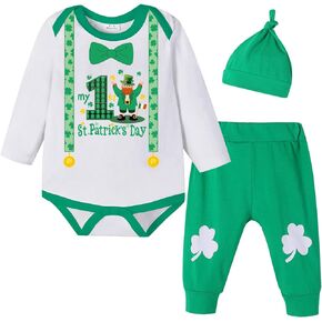 My First St. Patrick's Day Outfit for Baby Boys Girls, Newborn Infant Clover Bodysuit Lucky Charm Pants with Hat