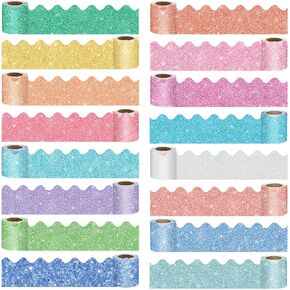 16 Rolls 263 ft Glitter Bulletin Board Borders Scalloped Border Trim Colorful Bulletin Board Strips Shiny Classroom Decoration Strips Decorative Poster Borders for School Decor (Cute Color)
