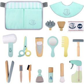 Wooden Hair Stylist Toy, Barber Pretend Play Kit Hair Cutting Tool Toy Shaving and Grooming Playset for Kids Boys Girls with Hair Trimmers, Dryer, Razors and Styling Accessories