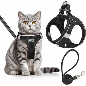 Cat Harness with Leash Set Mesh No Pull Reflective Escape Proof Walking Adjustable Step Soft Padded in Vest Harness for Small Medium Puppy, Cats Black XS