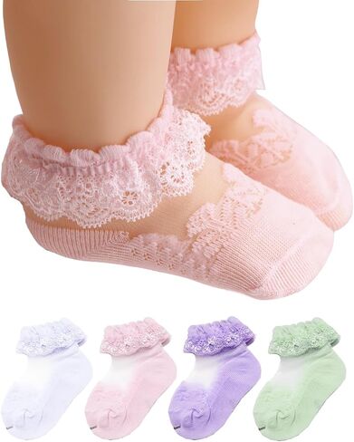 Newborn Baby Girls Socks Lace Socks for Infant Ruffle Eyelet Princess Socks Cotton,4Pack in Saudi Arabia
