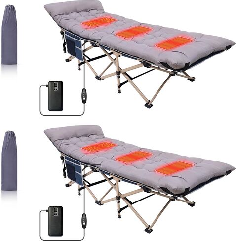 Camping Cot, Heated Camping Cot Folding Cot for Adults with Heated Mattress, Folding Bed, Carry Bag, Pillow & Side Mesh Holders Holds Weights Up to 500Lbs (Set of 2 Grey) in Kuwait