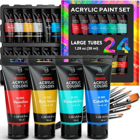 Premium Quality Acrylic Paint Set 24 Colors - 1.28oz (38ml) - with 6 Nylon Brushes - Safe for Kids & Adults - Perfect Kit for Beginners, Pros & Artists to Create Amazing Paintings and Artwork in Kuwait