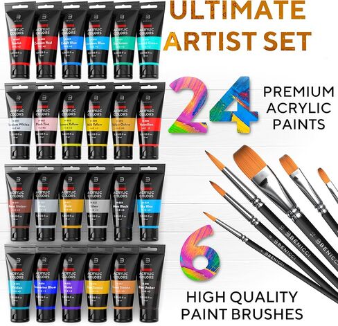 Premium Quality Acrylic Paint Set 24 Colors - 1.28oz (38ml) - with 6 Nylon Brushes - Safe for Kids & Adults - Perfect Kit for Beginners, Pros & Artists to Create Amazing Paintings and Artwork in Kuwait