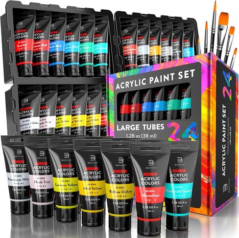 Premium Quality Acrylic Paint Set 24 Colors - 1.28oz (38ml) - with 6 Nylon Brushes - Safe for Kids & Adults - Perfect Kit for Beginners, Pros & Artists to Create Amazing Paintings and Artwork in Kuwait